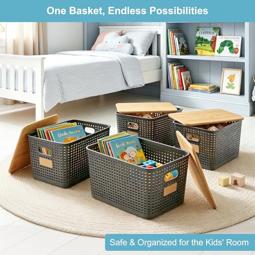 Bagnizer 2 Pack Tall Plastic Storage Bins with Bamboo Lids, 10.8qt Stackable Storages Baskets for Organizing Desktop Closet Playroom Classroom Office, 12"L x 8.3"W x 6.1"H, Gray - color: Gray, size: Tall- 2 Pack