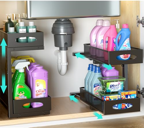 Under Sink Organizer, 2-Pack of 2-Tier Metal Slide Out Pull Out Cabinet Organizer Shelf, Height Adjustable Organization and Storage Series, Bathroom/Desktop/Cabinet/Kitchen Organization, Black - color: Black - Double Pack, size: Standard Version