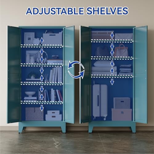 COFaR 71'' Tall Metal Storage Cabinet, Farmhouse Kitchen Pantry Cabinet with Doors and 4 Adjustable Shelves, Metal Pantry Storage Cabinets for Kitchen, Laundry, Peacock Blue 5-Tier - color: Peacock Blue, size: 71 Tall 2 Doors-Tree Door
