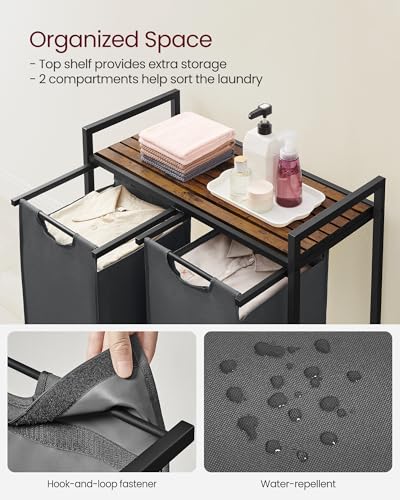 VASAGLE Laundry Hamper, Laundry Basket, Laundry Sorter with 2 Pull-Out and Removable Bags, Shelf, Metal Frame, 2 x 12.1 Gallons (46 L), 28.8 x 13 x 28.4 Inches, Slate Gray and Rustic Brown UBLH201G01 - color: Slate Gray + Rustic Brown, size: 2 Bags - 92 L