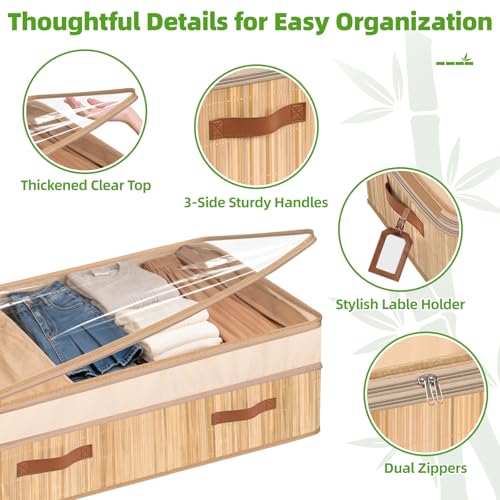 Livole Bamboo Under Bed Storage, 6-10 inches Height Adjustable Underbed Storage Containers, 92L XXXL Large Under Bed Storage Bins with Clear Lid & Label for Clothes, Blankets, Sweater, Shoes, 1 Pack - size: Expandable - 10"H