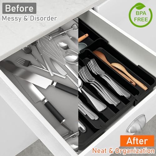 Spaclear Silverware Organizer - Expandable Kitchen Drawer Organizer, Utensil Drawer Organizer, Adjustable Plastic Flatware and Cutlery Holder, Kitchen Organizers Storage for Forks Knives, Black - color: Black, size: M(9.5-15.2"W x 12.6-19"D)