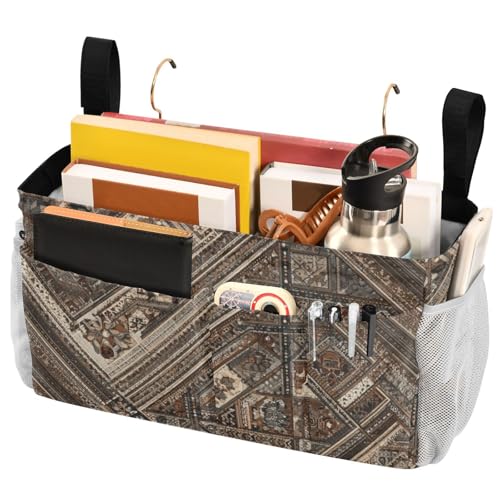 Bedside Caddy Metal Frame Hanging Organizer Bunk Bed Dorm Accessories Hook And Loop Storage Bag Large Pockets Brown Retro Bohemian - color: Brown Retro Bohemian