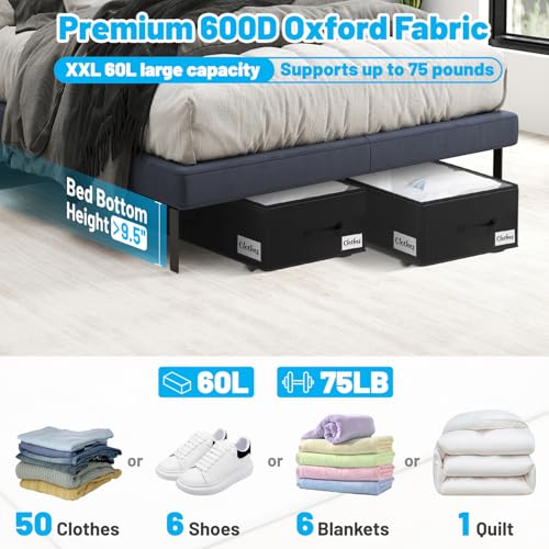 Under Bed Storage with Wheels, 2-Pack 10" Height XXL 60L Rolling Storage Bins, Quick Assembly Underbed Shoe Storage Containers with Clear Lid & Label, Dorm Under Bed Drawers for Clothes, Shoes, Grey - color: Black-2 Pack, size: 9.5 Inch Tall - Clear Lid
