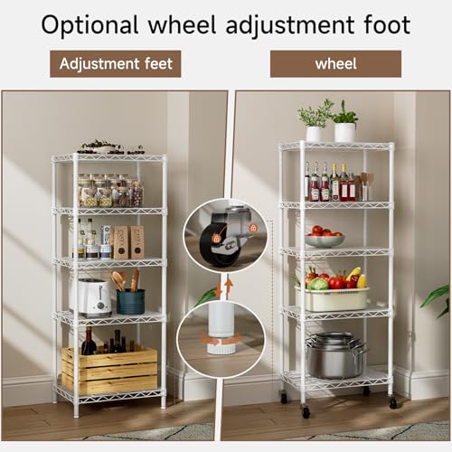 Golpart Small 5 Tier Shelves Storage Wire Shelving Unit Metal Shelf Adjustable Organizers Storage Shelving with Wheels for Bathroom Laundry Room Kitchen Pantry12”D x 18”W x 57.2”H White - color: White, size: 5 shelves (12 "D X 18 "W X 57.2 "H)