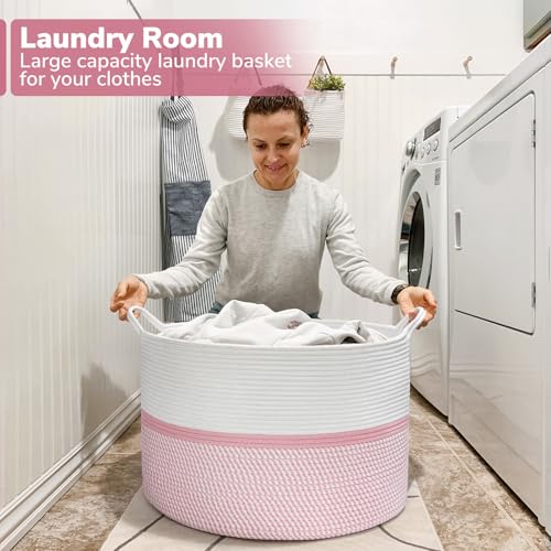 CHICVITA Extra Large Cotton Rope Woven Basket, XXL Throw Blanket Storage Basket with Handles, Pink Decorative Clothes Hamper Laundry Hamper - 22" x 22" x 14" - color: Pink