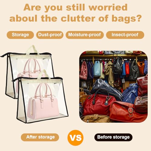 5 PCS Hanging Handbag Storage Organizer Non-Woven Transparent Dust-proof Homewares Purse Wallet Closet Storage Bag with Zipper and Handle (XL) ﻿