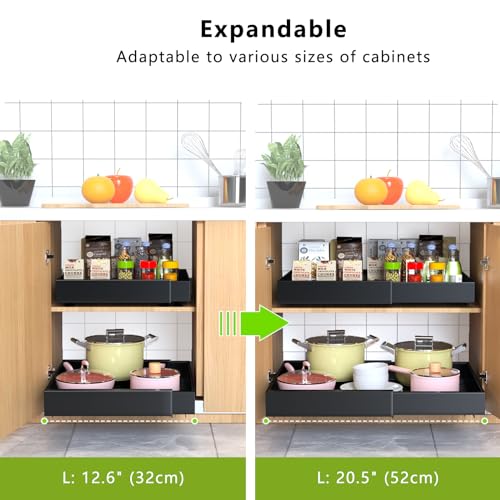 Mlinavn 2 Pack Pull Out Cabinet Organizer,21" Deep Slide Out Drawer Organizers,No Drill Pull Out Drawers Adhesive with Nano Compatible Framed Cabinets Shelves for Kitchen Pantry Adjustable Width - color: Black, size: 21"D x12.4"-20.47"W (2 Pack)