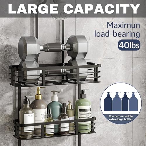 Shower Caddy Hanging, Never Rust Aluminum Shower Organizer, Over Showerhead No Drilling Shower Racks, with Soap Holder Multi Hooks Bathroom Storage for Shampoo Sponge,Silvery - color: Black
