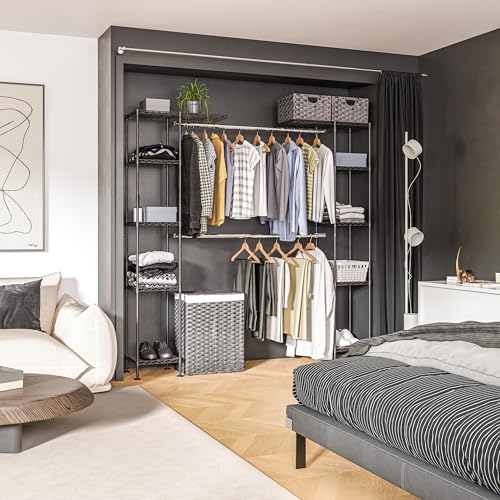Seville Classics Closet Garment Organizer with Metal Hanging Rod Wardrobe Storage System, w/ Steel Shelves for Clothes, Shirts, Jackets, Coats, Blankets, Shoes, Satin Bronze, Expandable Rack - color: Satin Bronze