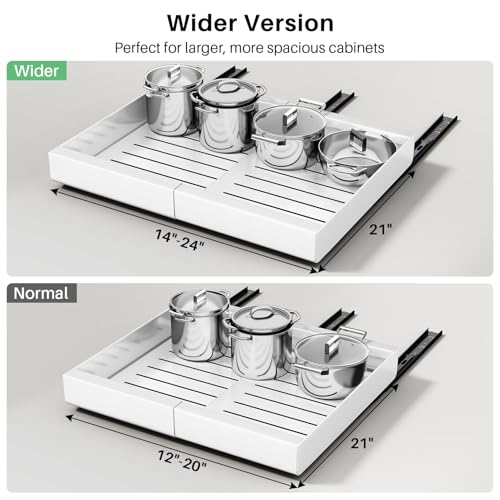 Pull out Cabinet Organizer, Wider Expandable(14"-24") Heavy Duty Slide out Drawers Fixed with Adhesive Nano Film for Pots, Roll out Shelf Storage for Kitchen Cabinet Organization(White-2pcs)(3 Rails) - color: White, size: 21"D×14"-24"W(2 Pack)