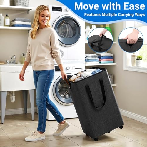 Laundry Basket with 5 Wheels, Tall Dirty Laundry Hamper, Rolling Laundry Basket with Lid, Large 100L Collapsible Clothes Hamper for Laundry Room Bedroom Bathroom Dorm, Dark Gray - color: Deep Gray, size: 100L