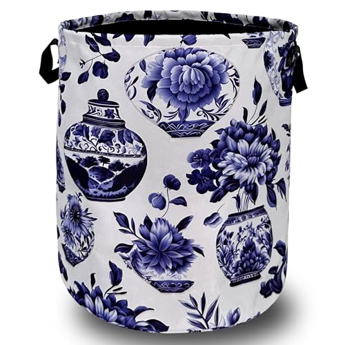 Blue White Floral Laundry Basket Foldable With Handles Vase Flower Tote Bag Oxford Cloth Color Laundry Hamper Clothes Storage Bucket Toy Organizer For Bathroom/Laundry/Bedroom 18.9"x16.5 " - color: Blue and White Vase Floral Flowers