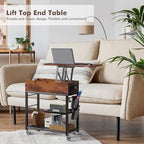 Colima Lift Top End Table with Charging Station and Wheels, Sofa Side Table with USB Port & AC Outlets, Movable Bedside Nightstand with Side Bag for Office Living Room Bedroom(Rustic Wood) - color: Rustic Brown