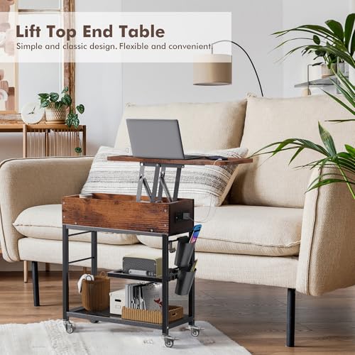 Colima Lift Top End Table with Charging Station and Wheels, Sofa Side Table with USB Port & AC Outlets, Movable Bedside Nightstand with Side Bag for Office Living Room Bedroom(Rustic Wood) - color: Rustic Brown