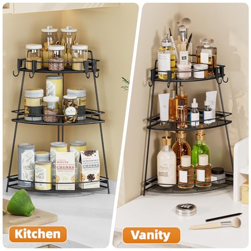 VITVITI 3 Tier Corner Bathroom Counter Organizer, Metal Bathroom Countertop Organizer Shelf Storage, Bath Room Sink Makeup Organizers for Vanity Skincare with Hooks, Black - color: Black