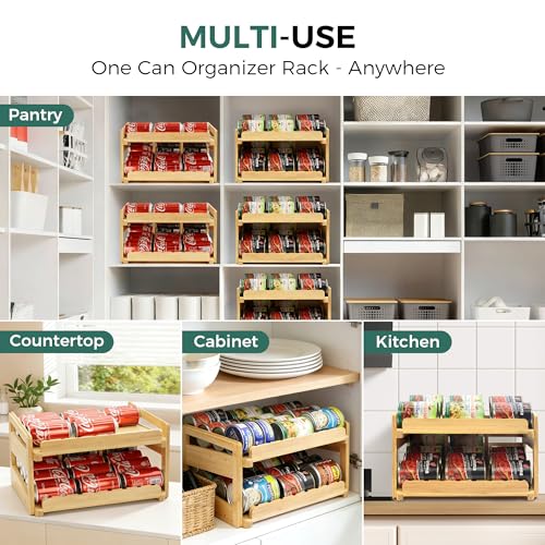 MinBoo Adjustable Can Organizer Rack, Two Tier Bamboo Stackable FIFO Cans Dispenser, Modern Style, Countertop, Assembly Required, Anti Shedding