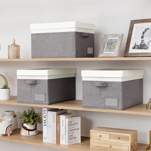 GRANNY SAYS Storage Bins with Lids, Linen Closet Storage Boxes, Collapsibe Storage Bins for Clothes, Storage Containers with Label Holder, 3-Pack, Gray&Ivory - color: White&Gray, size: Large