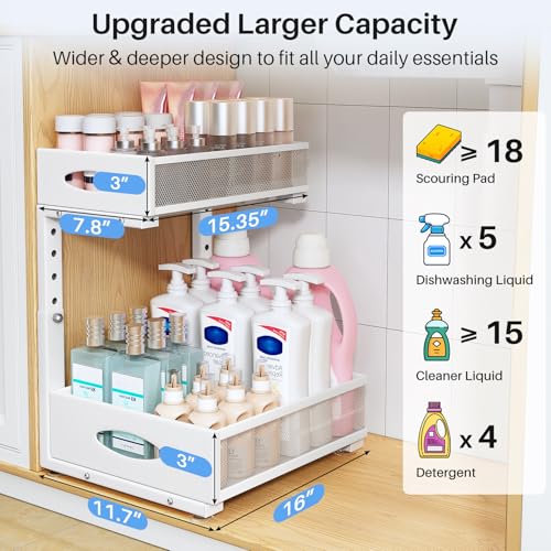 Under Sink Organizer, 2 Tier Pull Out Under Cabinet Organizer Shelf with Pad for Framed Cabinets, Metal Slide Out Under Sink Storage, Mesh Sliding Drawers for Kitchen Bathroom Laundry(White, 1 Pack) - color: White, size: 1-Pack