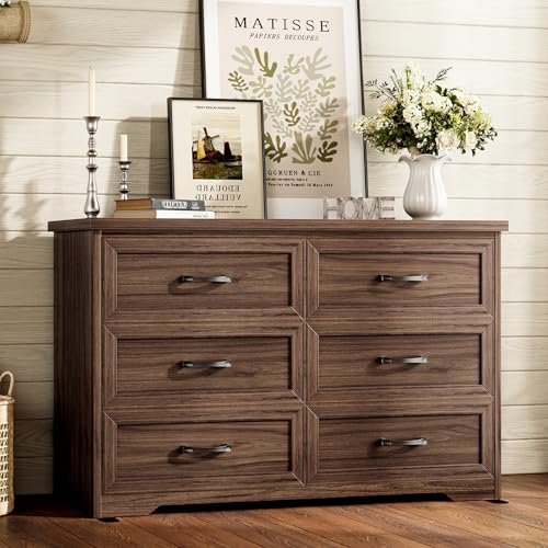 AODK Farmhouse 6 Drawer Dresser for Bedroom, 47” Wide Rustic Storage Dresser with Engineered Wood Frame, Anti-Tip Safety Chest, American Country Bedroom Furniture, Walnut - color: Walnut, size: 15.7"D x 47"W x 30.4"H (6 Drawers)