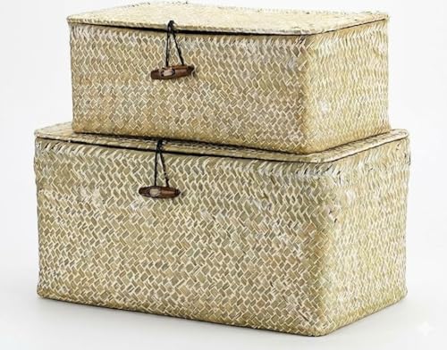 Nonam Storage Basket with Lid, Natural Seagrass Bin with Lid Set of 2, Shelf Baskets Multipurpose Container for Boho Decoration, Rectangular Household Storage Boxes for Home Organization-White - color: White-S+M