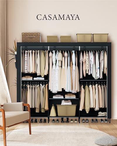 CASAMAYA Portable Closet, 81.5 Inch Extra Large Capacity Wardrobe Closet with Cover, Clothes Storage Organizer with Shelves and 5 Hanging Rods, Easy to Assembly, Black PCT136B01 - color: Black, size: 81.5"L x 17.7"W x 78"H