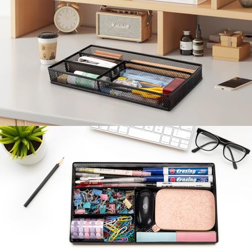 shenee Desk Drawer Organizer Tray,Drawer Organizer for Office and Home,Desk Organizer with Drawers,4 Compartments,Non-Slip Desk Organizers and Accessories for Stationery Makeup School (Black) - size: 11"L x 6.1"W x 1.4"H