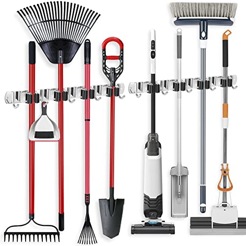IMILLET 2 Broom Holder Wall Mounted, Stainless Steel Broom Mop Holder Self Adhesive Heavy Duty Hooks Storage Organizer for Home Laundry Room Garden Garage Closet Kitchen（4 Racks with 5 Hooks） - color: 4 Racks with 5 Hooks, size: 2 Pack