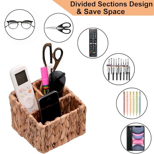 Wicker Remote Control Holder Hand Woven Water Hyacinth Storage Basket with 3 Compartments,Cosmetic Storage Box for Desk,Home Organization