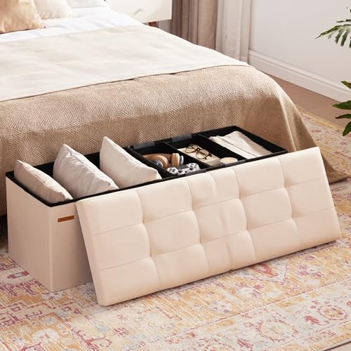 HAUSFRAU Storage Ottoman Bench with Flipping Lid, 43.3 Inches Storage Chest Footsrest, Folding Foot Stool for Entryway, Living Room, Bedroom, Linen Beige - color: Beige, size: 15"D x 43.5"W x 15"H