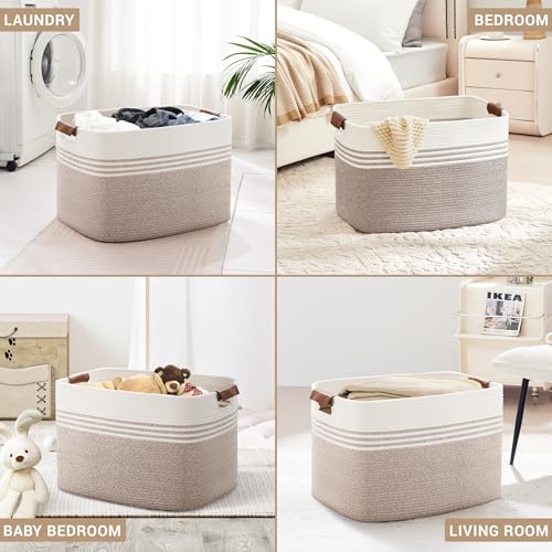 100L Extra Large Laundry Basket with Leather Handles for Living Room Storage, Woven Rope Baskets for Blanket, Kids Toy, Gifts, Wicker Hamper for Bedroom Dirty Clothes, 24"x16"x16" White Brown - color: Brown, size: 100L
