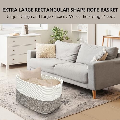 MEGASKET XXXXL Rope Basket for Blankets, 25" x 16" x 16"(108L) Rectangle Blanket Basket Living Room, Extra Large Wicker Woven Blanket Pillow Storage Basket, Kids Dog Toy Basket Storage Bins Organizer - color: White & Light Brown, size: 25"x16"x16"
