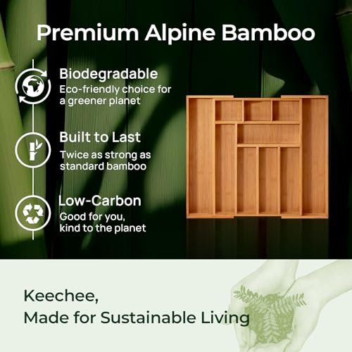 keechee Carbonized Bamboo Kitchen Drawer Organizer, 10 Slots Expandable Silverware Organizer, Utensil Holder & Cutlery Tray, 2.2" Deep for Extra Capacity, Non-Slip Feet Included - size: 10 Slots（Expandable）