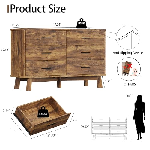 Xixini Dresser for Bedroom, 6 Drawer Wide Modern Chest of Drawers with X-Shaped Sturdy Base, Wood Double Dresser Closet Clothes Storage Organizer, Wooden TV Stand for Living Room, Hallway, Brown - color: Brown, size: 15.6"D x 47.2"W x 29.5"H (6 Drawers)