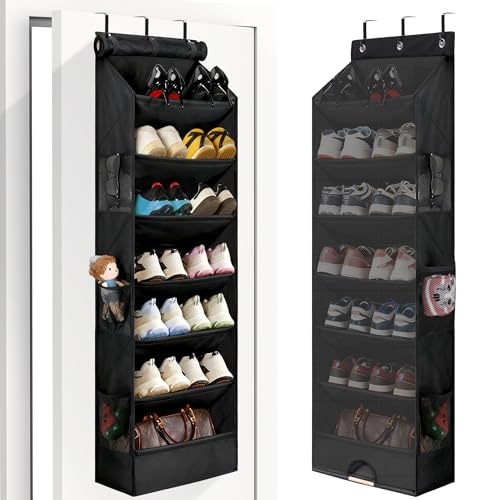 7 Tier Over The Door Shoe Organizer, Hanging Shoe Rack for Closet with Dustproof Mesh Curtain & 6 Side Pockets, Behind The Door Narrow Shoe Holder Hanger for Sneakers, Boots (Black) - color: Black