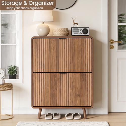 FurSch Fluted Shoe Storage Cabinet with 2 Flip Drawers, Narrow Shoe Rack Cabinet Organizer with Adjustable & Removable Shelves for Entryway (All Walnut, 2 Drawers) - color: All Walnut, size: 2 Drawers