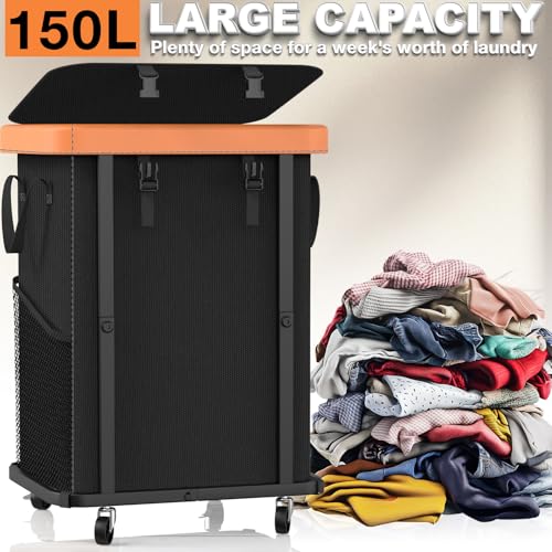 150L (40 Gal) Large Fashion Laundry Basket with Wheels, Leather Patchwork Rolling Hamper Carts, Sturdy Metal Frame, Removable Washable Bag, Tall Clothes Sorter for Bedroom, Laundry Room - Black - color: Black, size: 1 Section-150L
