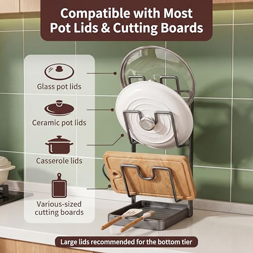 Didaey 2 Pack Pot Lid Organizer Rack 6-Tier Pot Lid Holder While Cooking Carbon Steel Kitchen Cover Storage Rack Multifunctional Stand for Countertop Stove Top Cabinet Shelf Spoon