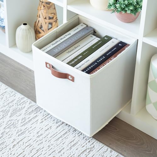 OrganiHaus 11" x 11" x 11" Fabric Cubes Storage Bins Set of 4, Foldable Collapsible Fabric Storage Bins for Organizer, Toy Organizer for Kallax, 11 Inch Linen Cube Shelf Baskets - White - color: Off-White, size: (11x11) Leather Handles