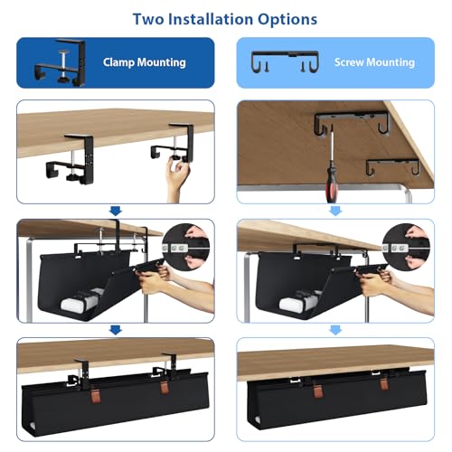Zilink No Drill Under Desk Cable Management Tray 30" Cord Organizer for Table Clamp/Screw Mount Desk Cable Management Sturdy Waterproof Fabric Cord Hiders for Office, Home - color: Black, size: 30"
