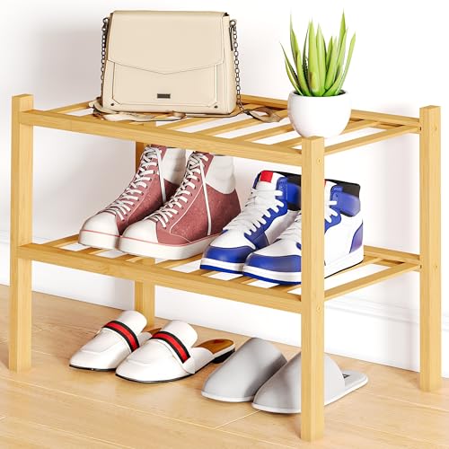 Smiry Shoe Rack, 2 Tier Small Bamboo Shoe Organizer, Stackable Free Standing Wooden Shoe Storage Shelf for Closet, Entryway, Front Door Entrance, Natural - color: Natural, size: 17.32" Wide - 2 Tier - Regular