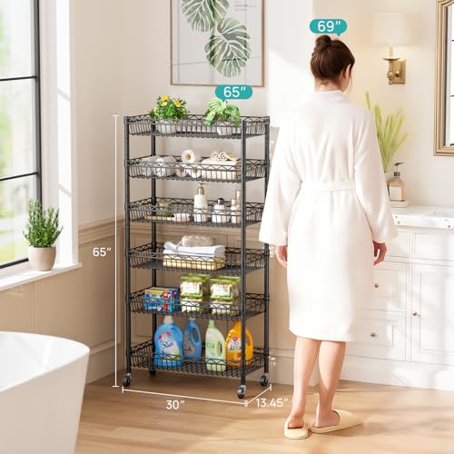 SINGAYE Shelf Closet Wire Shelving：Adjustable Metal Unit for Laundry Room Organization Bathroom Kitchen Home Storage with Wheels Pantry Rack Shelves - color: Black, size: 6Tier-13.45"Dx30"Wx65"H