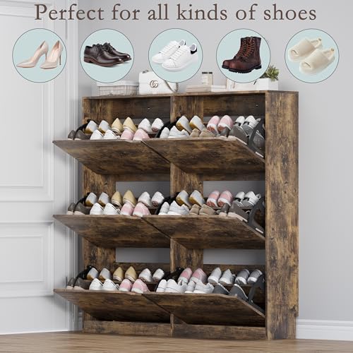 BORNOON Shoe Cabinet with 6 Flip Drawers, Slim Narrow Shoe Storage Cabinet, Freestanding Shoe Organizer for Entryway, Hallway, Foyer - color: Brown, size: 6-Drawer