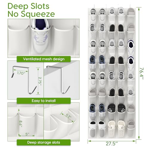 Unjumbly Over the Door Shoe Organizer with 40 Large Breathable Mesh Pockets, Space Saving Shoe Holder, Hanging Shoe Rack for Entryway Bedroom Closet Storage (White, 40 Pockets) - color: White, size: 40 Pockets