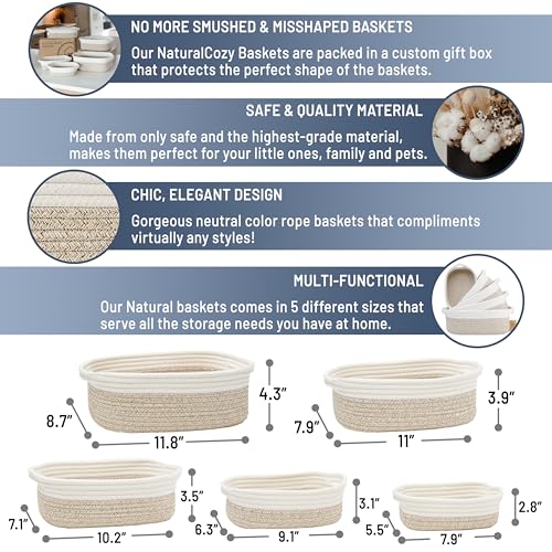 NaturalCozy 5-Piece Rectangle Storage Basket Set- Natural Cotton Rope Woven Baskets for Organizing! Small Basket for Montessori, Baby Nursery, Dog Toy Baskets, Cat Toy Box, Bathroom Organization Bin - color: Off White & Mixed Brown