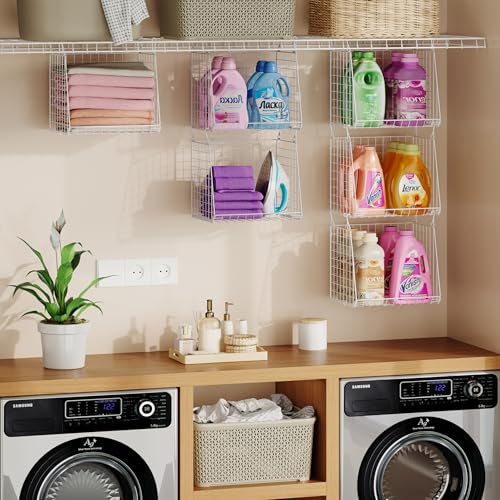 3-Pack Extra-Tall 13.6'' Hanging Laundry Basket Organizer, Foldable Wire Shelf with 360° Rotating Hooks & Reinforced Height - Durable Space-Saving Laundry Room & Closet Organizer, White Patent