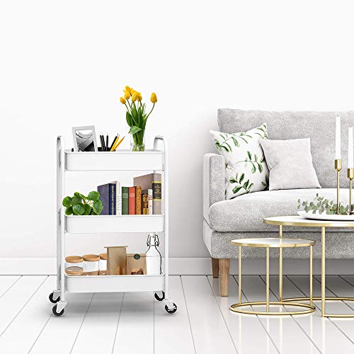 CAXXA 3-Tier Rolling Metal Storage Organizer - Mobile Utility Cart Kitchen Cart with Caster Wheels, White - color: White