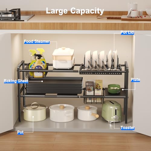 Mustorn Pots and Pans Organizer Under Cabinet, Expandable 2 Tier Under Sink Organizers Storage Adjustable Height Kitchen Pot and Pan Lid Holder Rack with 6 Dividers(4panels,2baskets,1 Pot rack,Black) - size: 4panels &2baskets &1 pot rack-2 Tier
