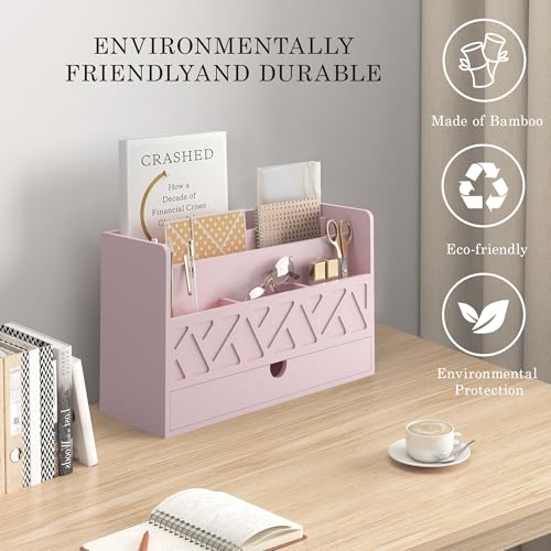 Wisuce Bamboo Mail Organizer Countertop Desktop with Drawer - All-in-One Desk File Organizer with Pencil Holder (Pink) - color: Pink