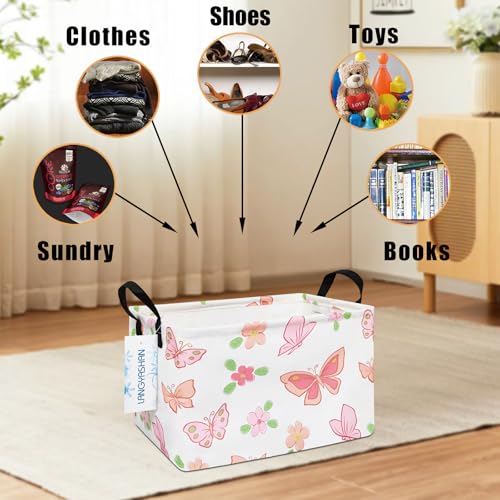 LANGYASHAN Rectangular Storage Bin Collapse Canvas Fabric Cartoon Storage Basket with Handles for Organizing Home Kitchen Boys and Girls Toys Office Closet Shelf Baskets (Rec Pink Butterfly) - color: Rec Pink Butterfly